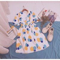 Đầm chấm bi lụa xòe họa tiết