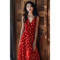 Đầm chấm bi màu đỏ 2025 Phong cách Pháp Siêu đẹp Sảnh hành lang Phong cách cao cấp Váy phong cách Chanel 2.26