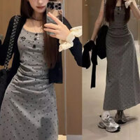 Đầm chấm bi màu xám / Đầm dài hông nữ mùa hè phong cách mới / Thiết kế kiểu Pháp Slim-fit