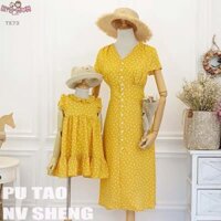 đầm chấm bi voan lụa cho mẹ và bé KEM HINH THAT