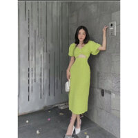 Đầm Chất xốp xanh  tay bồng , khoét eo , xoắn ngực cho bạn nữ dự tiệc sang trọng