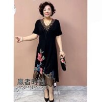 Đầm Cheongsam thêu đính kim cương kiểu mới, thời trang mùa hè, dáng ôm, rộng rãi, che bụng, kích thước lớn, đầm midi trên đầu gối