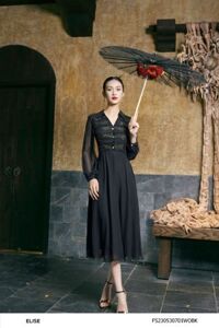 ĐẦM CHIFFON ĐEN XẾP BÈO REN NGỰC