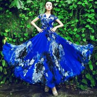 Đầm chiffon hoa màu xanh hoàng gia phổ biến 2025 mùa hè mới thanh lịch retro cổ V dài tay bồng bãi biển