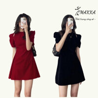 Đầm chính hãng MAKKA Fashion váy nhung tiểu thư tay bồng khoét vai phong cách trẻ trung cá tính