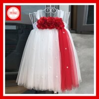 Đầm cho bé ❤️FREESHIP❤️ Đầm công chúa trắng hoa hồng đỏ dải đỏ