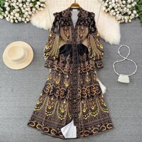 Đầm Chữ a Cổ Chữ V In Họa Tiết Phong Cách Baroque Kiểu Mới