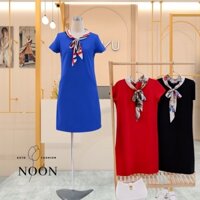Đầm chữ a dáng suông NOON FASHION Kiểu cổ hoạ tiết thắt nơ Ngắn Tay