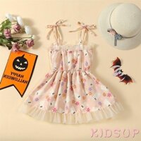 Đầm Chữ a Hai Dây Viền Ren In Hình Ma halloween Cho Bé Gái 1 Tuổi