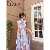 Đầm CLARA hoa cột nơ cổ sát nách