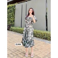 đầm CLARA voan xanh lá hoa hồng