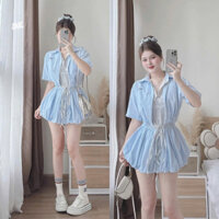 đầm cổ sơ mi xanh sọc dáng bí phối trong kẻ sọc đen mới xinh
