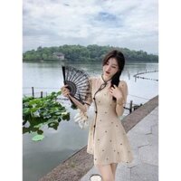 ĐẦM CỔ TÀU VIỀN ĐEN HOA TIẾT HOA NHÍ