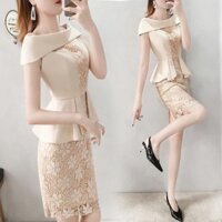 Đầm cổ thuyền body eo xếp ly chân váy ren _ Size M