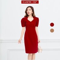 Đầm cổ tim xếp ly tay KAMONG D135
