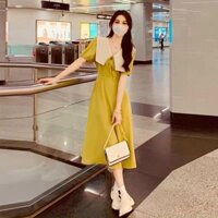 Đầm cổ trắng 💟 SIÊU XINH 💟 Đầm cổ trắng thiết kế 2 màu đen/vàng - Váy đầm nữ dáng dài - TV019