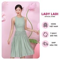 Đầm cổ tròn dáng xòe LADI khoét tay màu xanh nhún eo DA080X