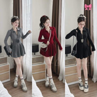 ĐẦM CỔ TRỤ TAY DÀI KÉO KHOÁ PHỐI TÙNG VÁY NGẮN XẾP LI