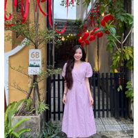 Đầm cổ V khuy eo màu tím pastel