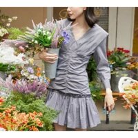 Đầm Cổ V Tay dài nhún ngực, eo và chân váy Caro nhí hàng Hiệu