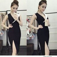 Đầm cổ vest phối trắng