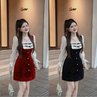 Đầm cổ vuông tay dài thời trang đi chơi xinh chất vải Nhung cứng phối tơ mềm đính nơ ngực,