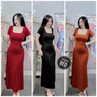 Đầm cổ vuông tay ngắn dáng xoè chất thun gân thích hợp mặc đi làm đi chơi phù hợp với mọi phong cách