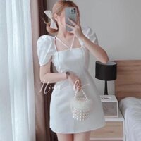 Đầm cổ vuông tay phồng, đầm trắng hở lưng yếm giả điệu đà nữ tính thời trang nữ  - màu đen