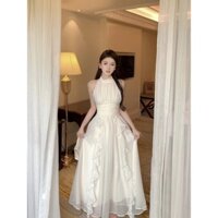 Đầm cổ yếm dáng dài vải voan tua rua bồng bềnh màu trắng sữa