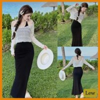 Đầm cổ yếm đen kèm áo trễ vai trắng đi chơi đi biển dạo phố, set váy nữ 2 món thiết kế đẹp xinh xắn sang trọng M103