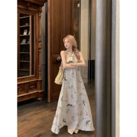 Đầm cổ yếm đi biển cho phụ nữ 2025, đầm hoa nơ thon gọn, dài vừa phải cho phụ nữ