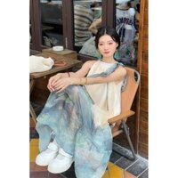 Đầm cổ yếm đi biển cho phụ nữ, thiết kế không tay mùa hè, đầm dài chắp vá tôn dáng và thon gọn