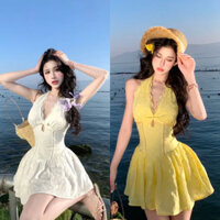 Đầm Cổ Yếm Đi Biển, Đầm Váy Thiết Kế Dáng Xoè Chất Ren Xịn Mịn Dáng Ngắn Cho Nàng Mặc Đi Du Lịch, Đi Biển Tiểu Thư
