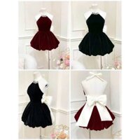 Đầm cổ yếm đính nơ to đầm phồng bí hở lưng đầm dưới 55kg ảnh thật shop chụp