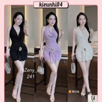 Đầm Cổ Yếm Đổ  Dáng Ngắn Nhún Thân Phối Tag Chất Thun Dẻo Uni