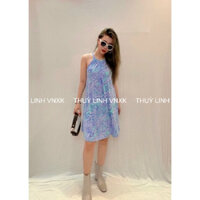 Đầm Cổ Yếm Hai Dây CYNTHIA ROWLEY VNXK Thun Rayon 2 Lớp Có Lót Ngực Màu Xanh Hoạ Tiết - Size M