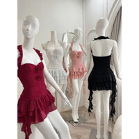 Đầm cổ yếm nhún tầng tua rua đính hoa siêu xinh