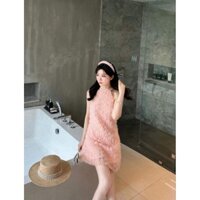 ĐẦM CỔ YẾM REN HOA HỒNG ĐÍNH ĐÁ