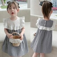 Đầm Công Chúa Cổ Tròn Phối Ren Họa Tiết Sọc Caro Ngọt Ngào Thời Trang Mùa Hè Cho Bé Gái