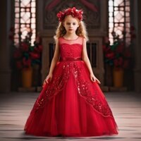 Đầm Công Chúa Dáng Dài Vải Tuyn Đính Kim Sa Lấp Lánh Thời Trang Dự Tiệc Cho Bé Gái