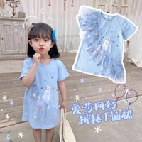 Đầm Công Chúa Elsa Mùa Hè Bé Gái Thời Trang Gạc Hoạt Hình Đầm Cho Bé Giữa Chiều Dài Áo Thun Ngắn Tay Đầm
