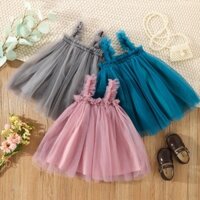 Đầm Công Chúa Hai Dây Vải Voan Lưới Màu Trơn Thời Trang Mùa Hè Dành Cho Bé Gái