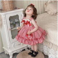 Đầm Công Chúa Lolita In Họa Tiết Kẻ Ô Đính Nơ Phối Ren Thời Trang Mùa Hè Cho Bé Gái