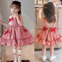 Đầm Công Chúa Lolita Xếp Ly In Họa Tiết Kẻ Ô Đính Nơ Viền Ren Dễ Thương Cho Bé Gái
