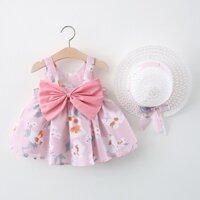 Đầm Công Chúa Mùa Hè Hai Dây Vải cotton Lông Xù Kèm Mũ Che Nắng Cho Bé Gái Sơ Sinh