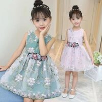 Đầm Công Chúa Mùa Hè Không Tay Vải Voan Phối Ren Lưới Họa Tiết Hoa Cho Bé Gái 3-14 Tuổi