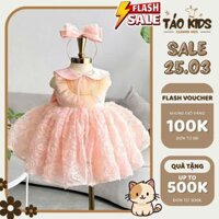 Đầm công chúa tay dài đính hoa 3D kèm Bờm Nơ cổ sen form xòe bồng cho bé gái