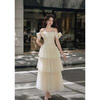 Đầm công chúa vải lưới phối ren hoa phi xoè ba tầng cúp ngực đính nơ vai dễ thương mặc đi tiệc đi dạo rất xinh