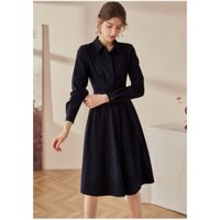 Đầm công sở dáng xòe kẻ sọc cổ sơ mi tay dài