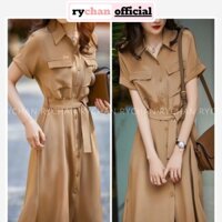 Đầm Công Sở Nữ Dáng Dài Cổ Sơ Mi 2 Túi Nút Trước Kèm Belt Màu Nude [ẢNH THẬT CUỐI] - DX9887